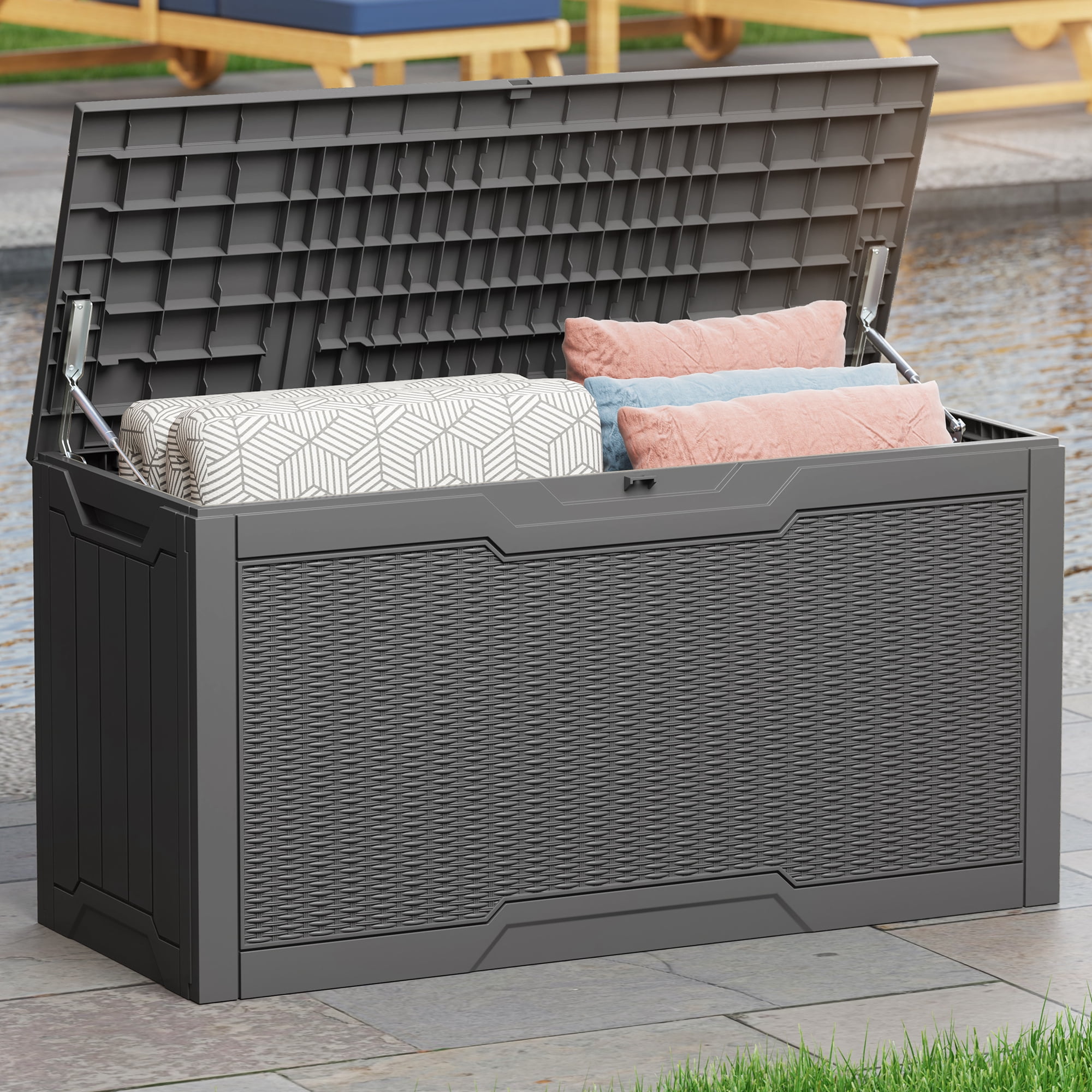 Uforic 80 Gallon Resin Deck Box, Weather Resistant Rattan Outdoor Storage Box, Lockable for Patio Garden Pool Supplies, Dark Gray