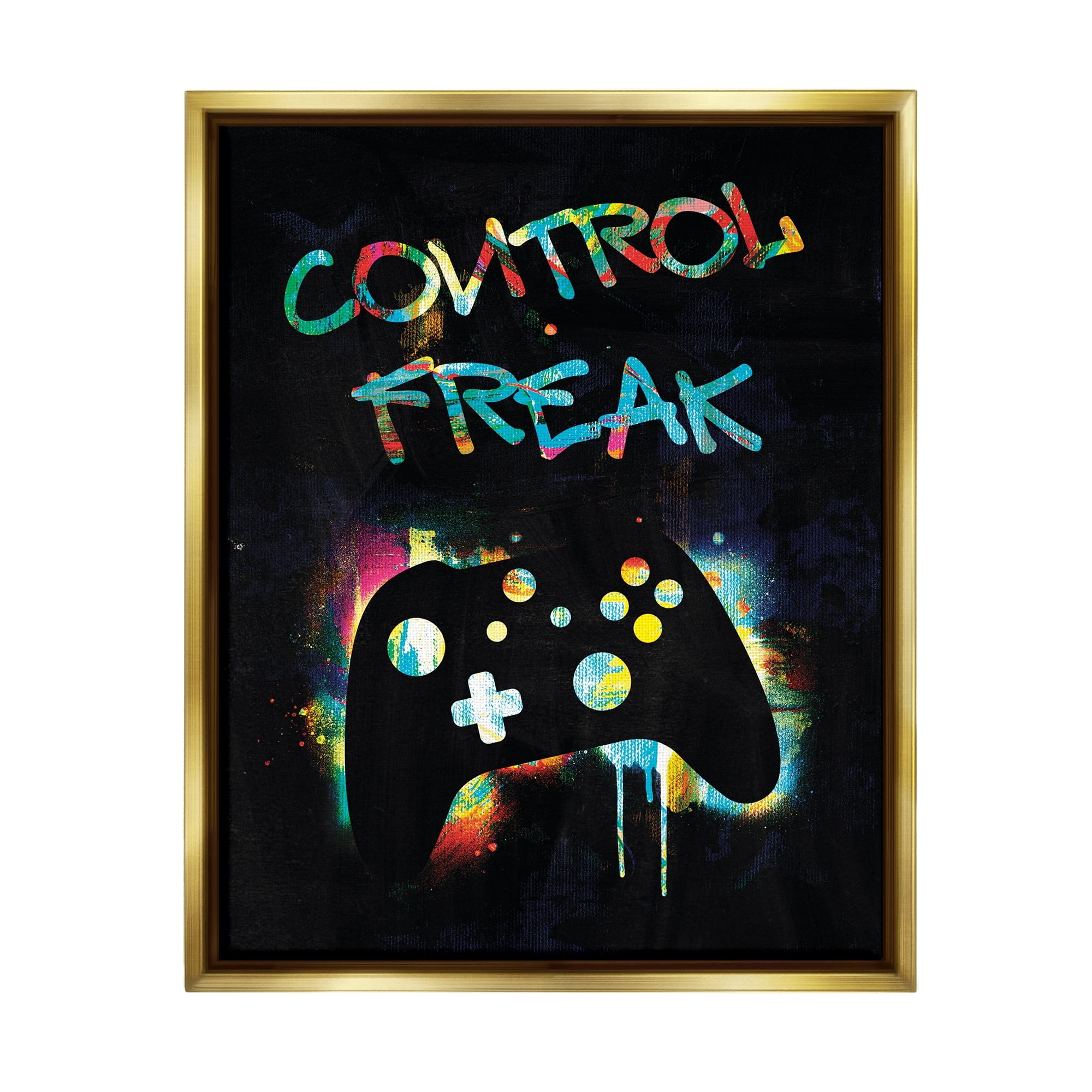 Stupell Industries Control Freak Game Controller Graffiti Street Style Graphic Art Metallic Gold Floating Framed Canvas Print Wall Art, Design by Victoria Barnes