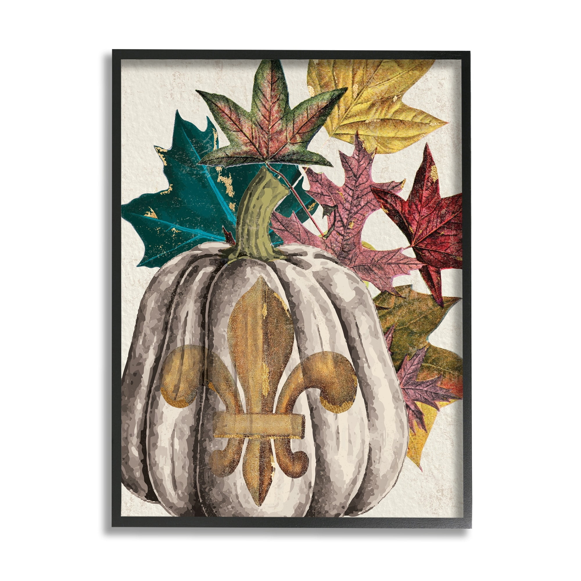 Stupell Industries Fleur-de-lis Crest Pumpkin Vintage Autumn Leaf Arrangement Graphic Art White Framed Art Print Wall Art, 16x20, by Daphne Polselli