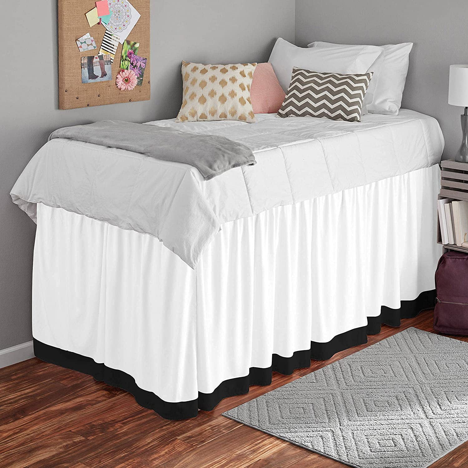 Dual Tone Dorm Bed Skirt, Ruffled Dual Tone Dorm Size Bed Skirt - 100% Microfiber Fabric, Dual Tone Dorm Bed Skirt Twin XL Size College Dual Tone Dorm Bed Skirt 36" Drop - Black and White Solid.