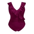 thumbnail image 4 of Iugvhana Women's Tummy Control Swimsuits Ruffle V Neck Swimwear One Piece Bathing Suit Ruched Slimming High Waisted Cute Swim Suit Wine S, 4 of 5