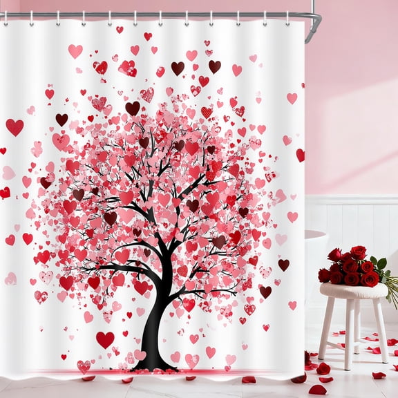 Tree of Heart Shower Curtain,Valentines Red Hearts Bathtub Curtains,Modern Minimalist Watercolor Fabric Bathroom Decor with Hooks,69X70 IN