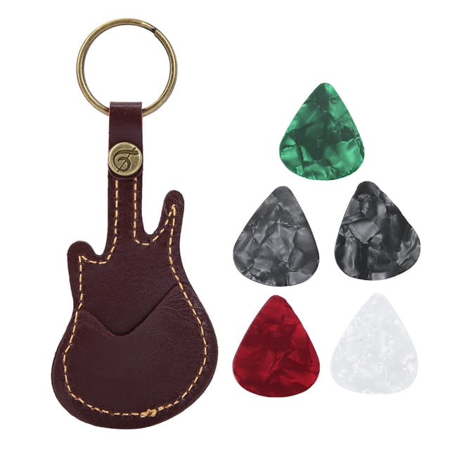 Portable Leather Brass Guitar Pick Bag Sleeve Holder Including Pick Accessories (Brown)