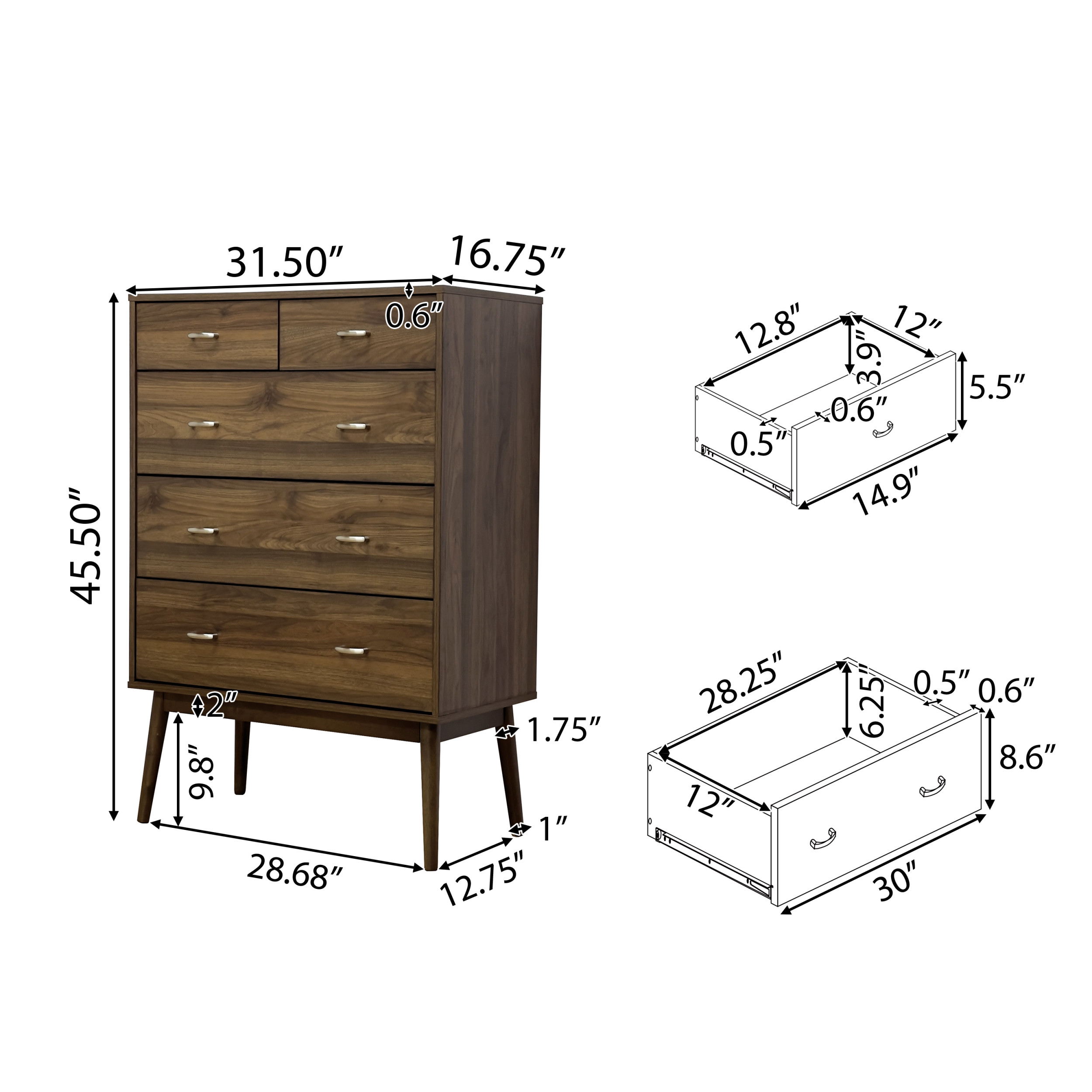 Noble House Starla Wooden 3 Piece 5 Drawer Dresser and Nightstand Bedroom Set, Columbia Walnut
