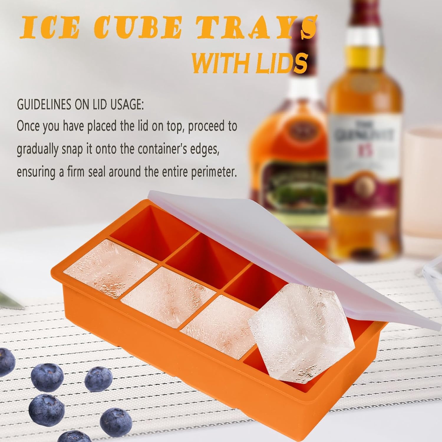 Large Ice Cube Tray, 4 Pack Silicone Ice Cube Mold with Lid, 2 Inch Square 8 Big Ice Cube Maker for Freezer, Cocktail Whiskey Wine, BPA Free, Food Grade, Easy-Release \u2013 Orange