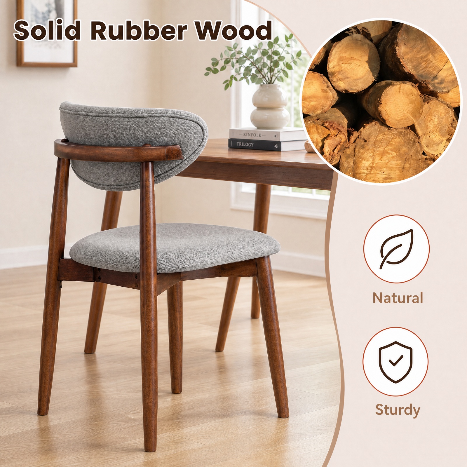 Furnibear Fabric Upholstered Dining Chairs Set of 2 with Curved Backs and Solid Rubber Wood Legs for Kitchen and Farmhouse Dining Room, Gray