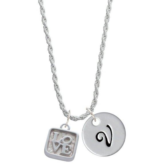 Delight Jewelry Silvertone Love Square - Square Seal Silvertone Script Initial Disc - V - Charm Necklace, 20"+3"