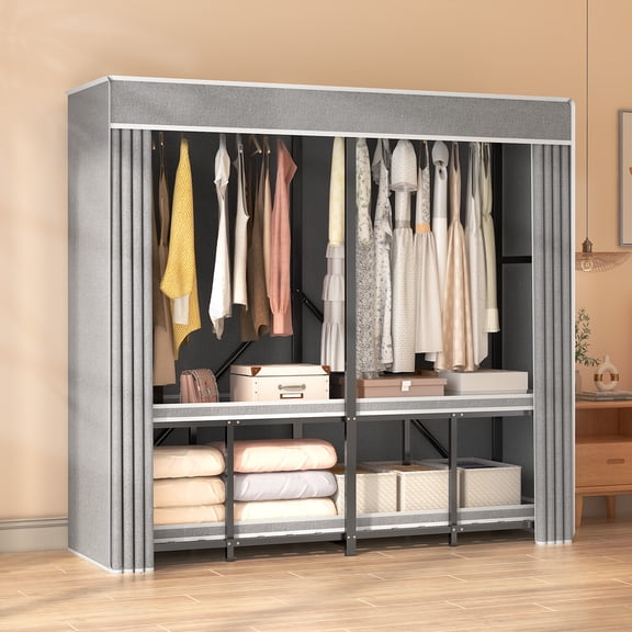 Heavy Duty Portable Closet with Cover 1200Ibs Foldable Covered Clothes Rack for Hanging Armoire Wardrobe Closet System Freestanding Coat Storage Garment Racks 66in, Grey
