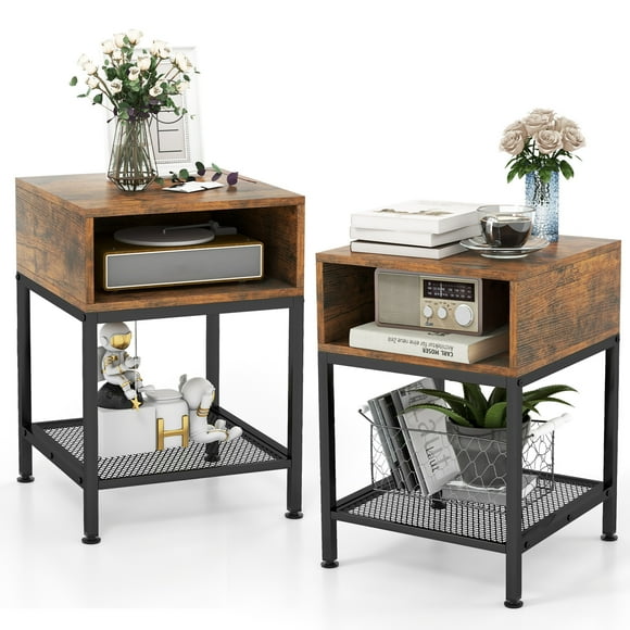 Costway 2 PCS 3-tier Wood Top End Table w/ Metal Frame Storage Cube & Mesh Shelf Square