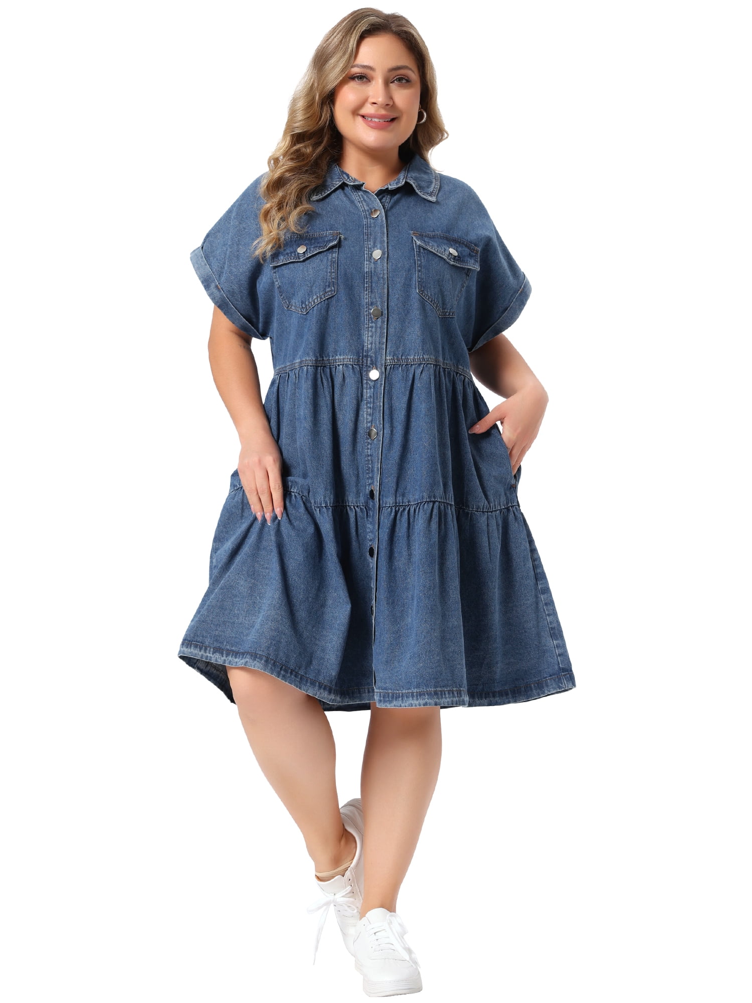 DARING DIVA Women's Plus Denim Babydoll Button Down Short Dress 1X Grey Blue
