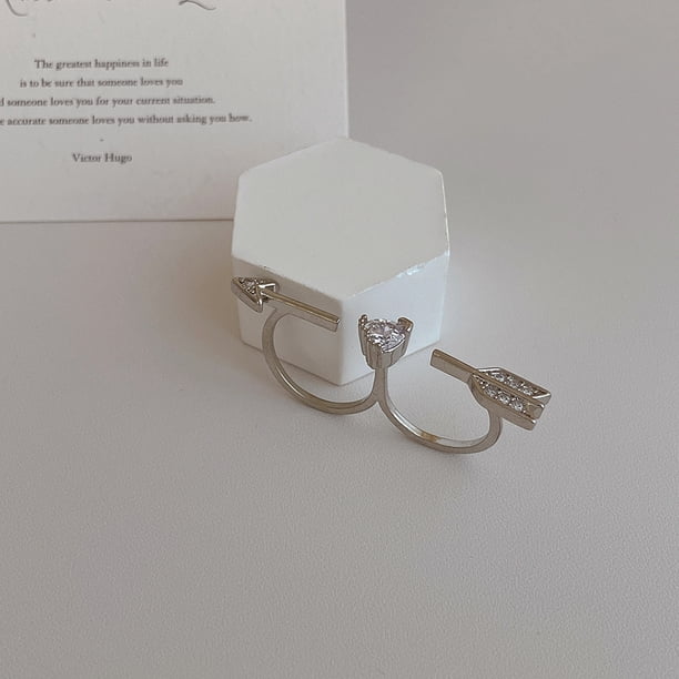Anillo de circonita de metal de doble dedo con diseño simple japonés, anillo abierto ajustable, pulsera geométrica versátil