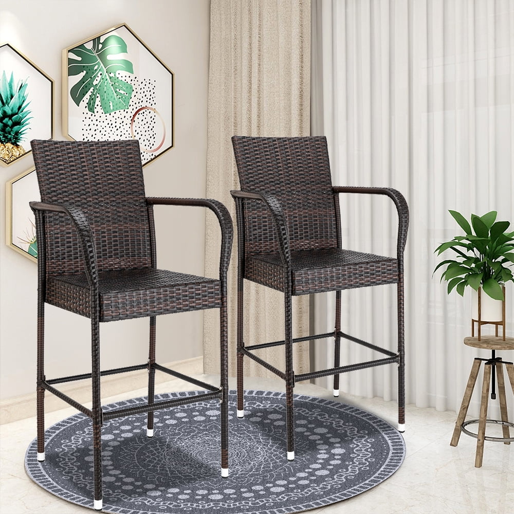 Outdoor Bar Stools Set of 2, Patio PE Rattan High Bar Chairs All