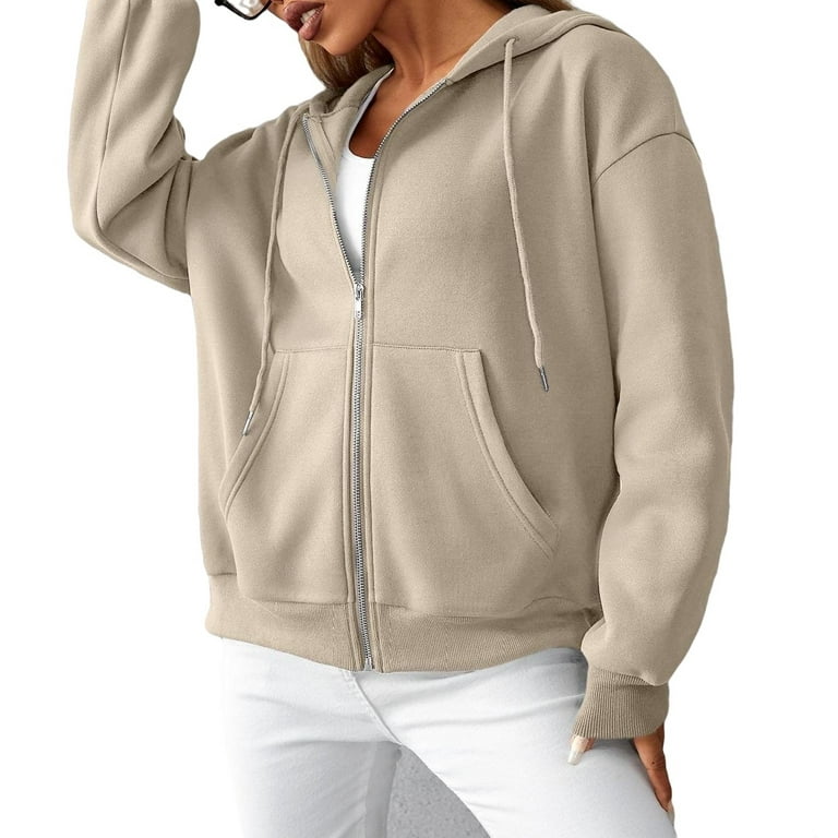 Casual Plain Hooded Zip Up Long Sleeve Khaki Women Sweatshirts Women s
