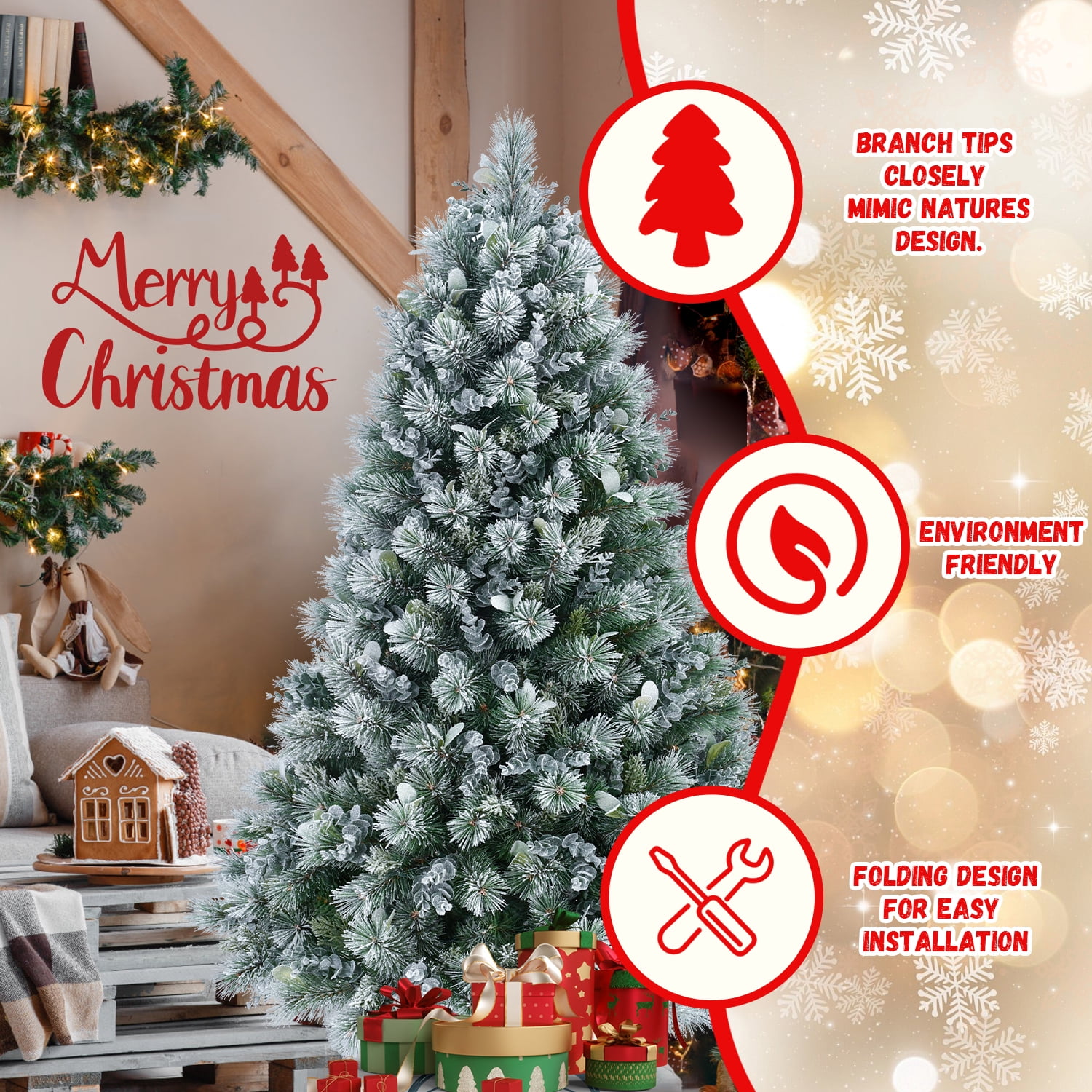 4ft Flocked Christmas Tree with Eucalyptus Leaves 404 Tips Hinged Branches Metal Stand Indoor Decor