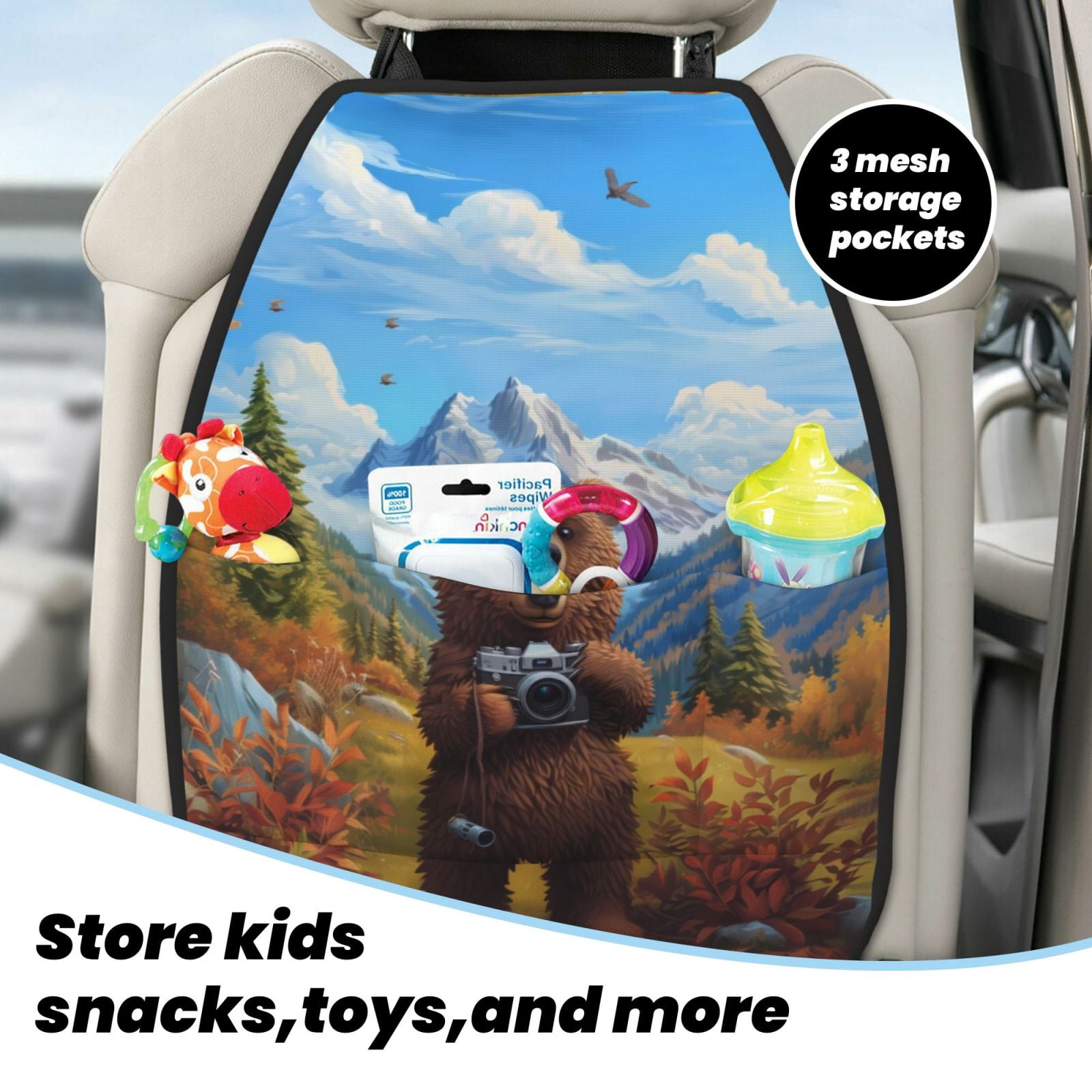 Xecao Snowy Mountain Photography Bear Pattern Car Seat Back Protector 2 Pack Large Capacity Pocket, Kick Mats Back Seat Protector