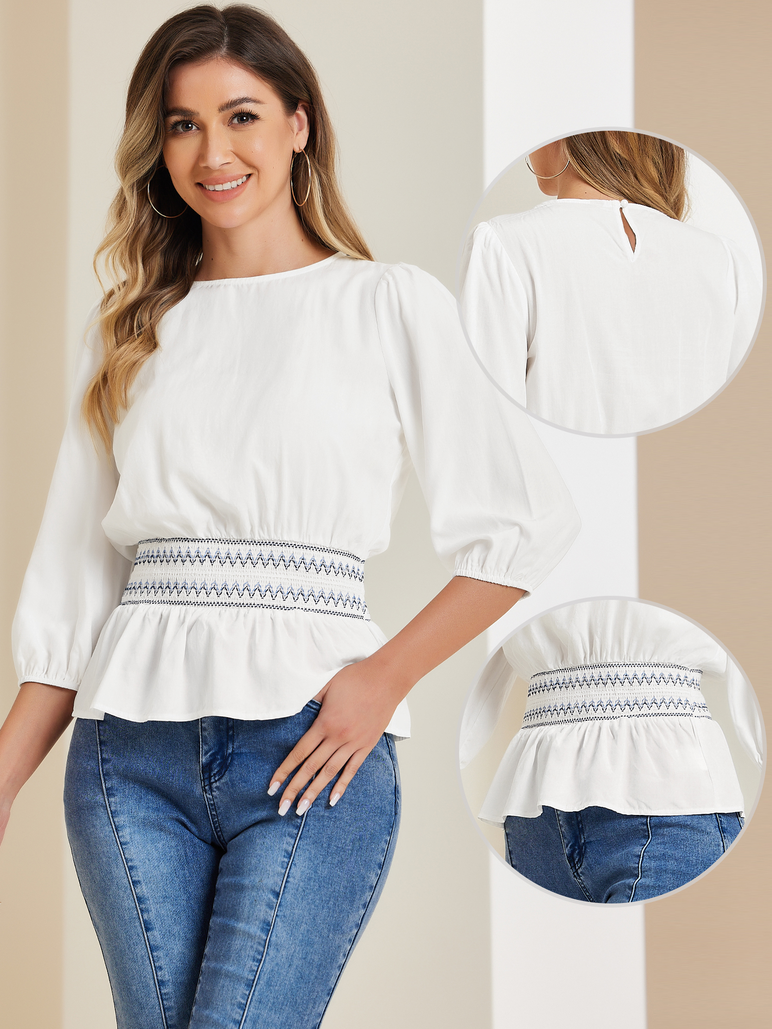 DARING DIVA Peplum Top Puff Smocked Waist Blouse XS Beige