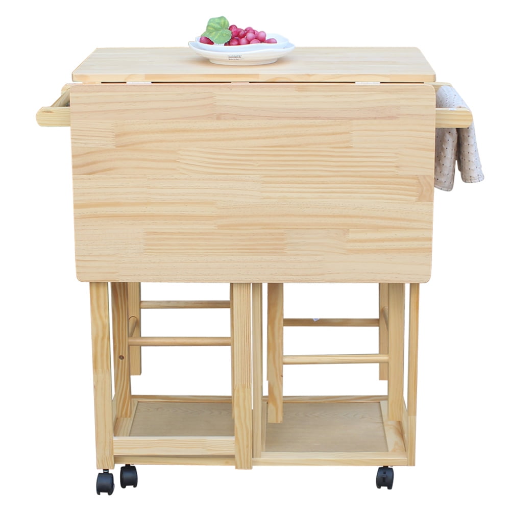Kadyn Square Solid Wood Folding Dining Cart, Kitchen Cart Island with 2 Free Stools, Kitchen Cart for Dining Room, Natural Kadyn Square Solid Wood Folding Dining Cart, Kitchen Cart Island with 2 Free Stools, Kitchen Cart for Dining Room, Natural
