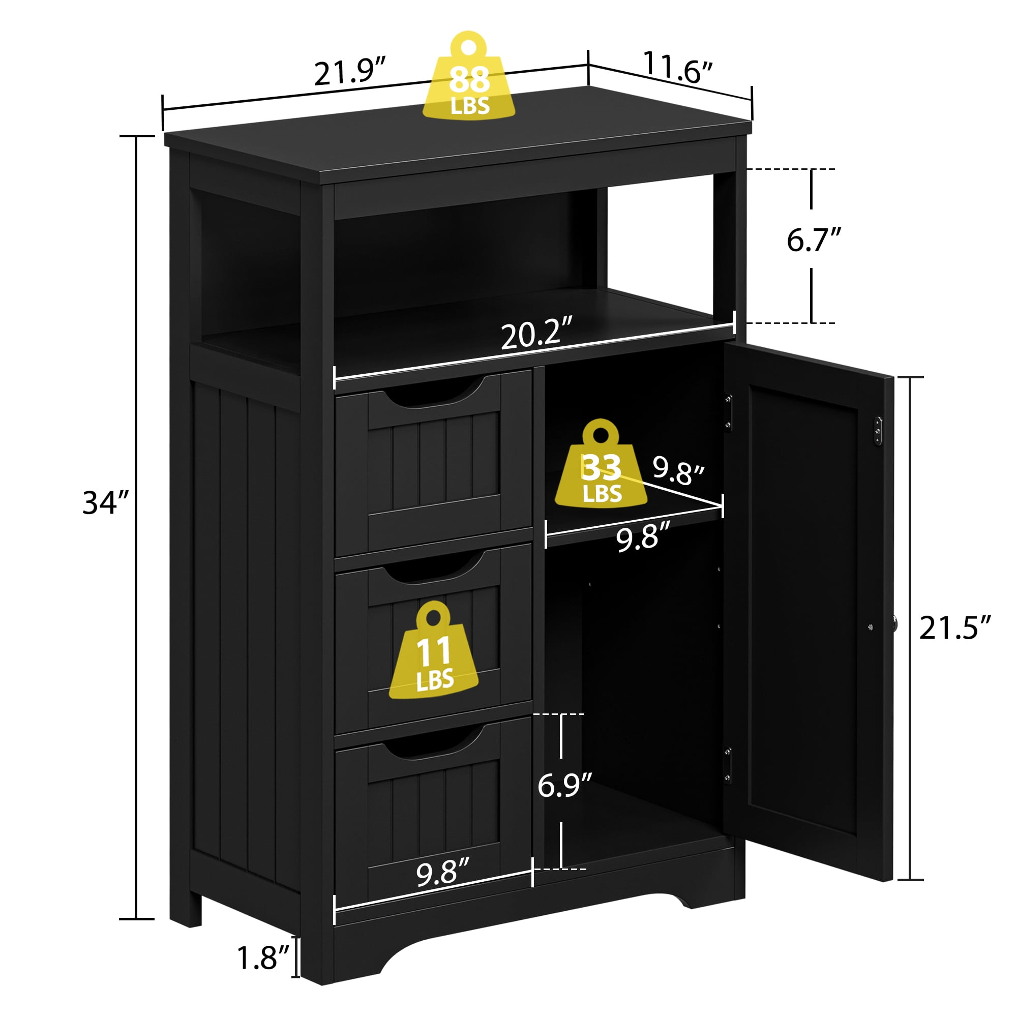 HomGarden Bathroom Floor Storage Cabinet Modern Wooden Kitchen Cupboard W/Adjustable Shelf & 3 Drawers, Black