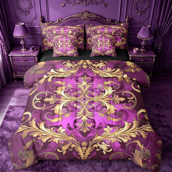 Manfei Retro Damask Print 7-Piece Twin Bedding Sets,Vintage Baroque Flower Bedding Comforter Set,Gold Purple Sheet Sets For Men Women,Super Cozy Room Decor Reversible