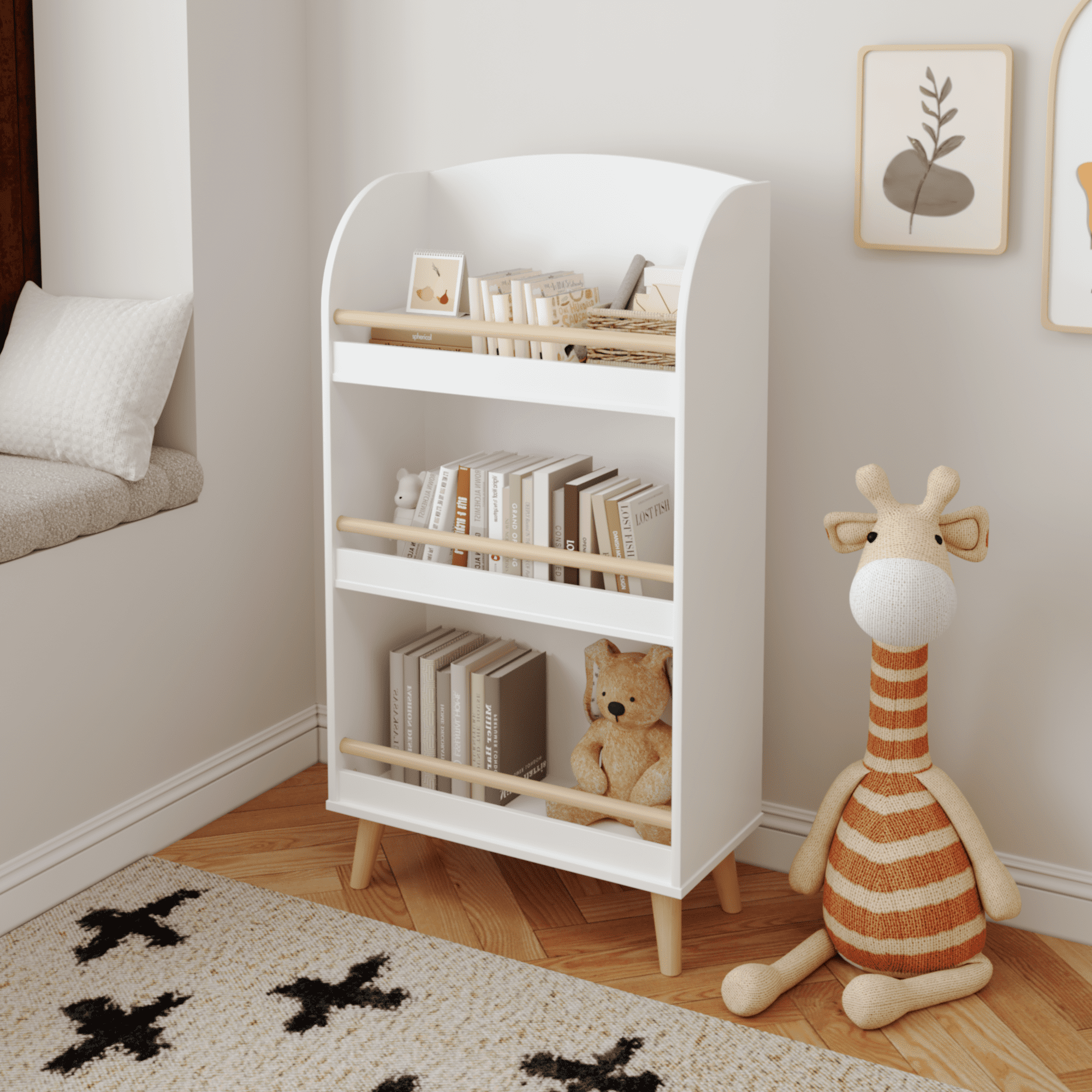 3-Tier Kids Bookshelf - White Bookcase & Toy Storage Organizer for Nursery, Playroom, MDF with Wood Legs, 19.68" W x 9.44" D x 37.4" H