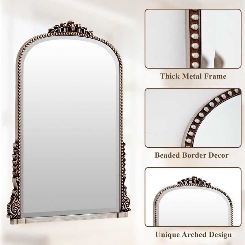 Gleamira 40"x 28" Antique Arched Bathroom Mirror Vanity Mirror Decor Wall Mirror, Antique Silver