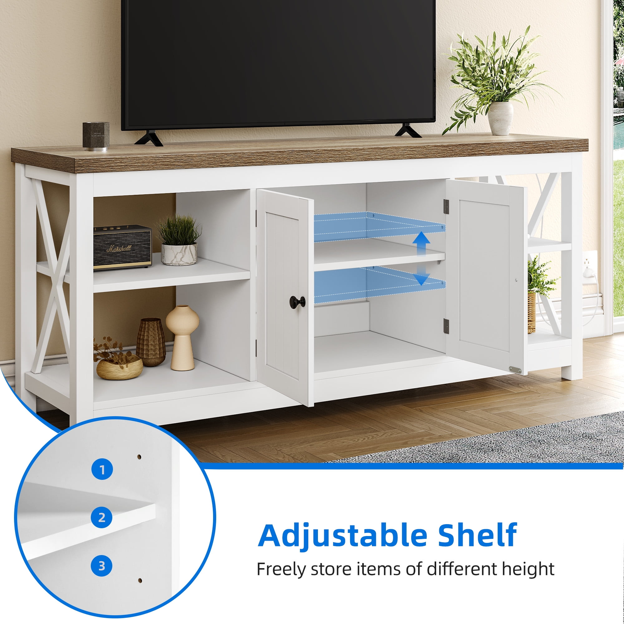 Dextrus White TV Stand up to 65 Inches w/Power Outlets, Farmhouse Entertainment Center Cabinet with Storage for Living Room