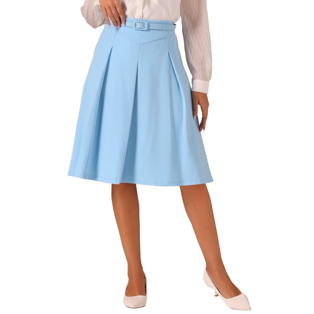 FALDA DE OFICINA INSPIRADA CHIC PARA MUJERES, CINTURA CON CINTURÓN, MIDI, A-LINE, PLEGADA, COLOR AZUL CIELO