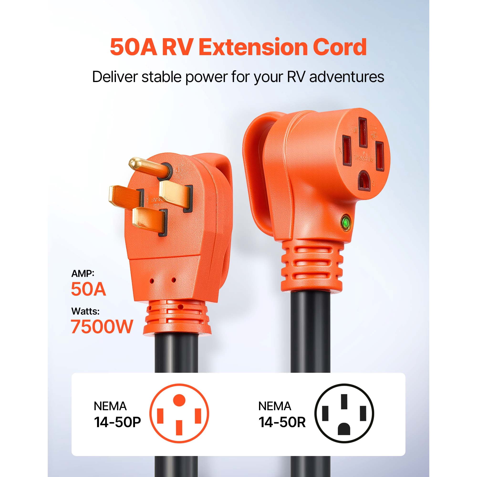 KFFKFF 100 FT RV Extension Cord, 50 Amp, 125V 7500W Durable STW 6/3 + 8/1 Gauge Wire, NEMA 14-50P Male to NEMA 14-50R Female Plug, Includes LED Indicator, Handle, and 15A Adapter, Suitable for RVs