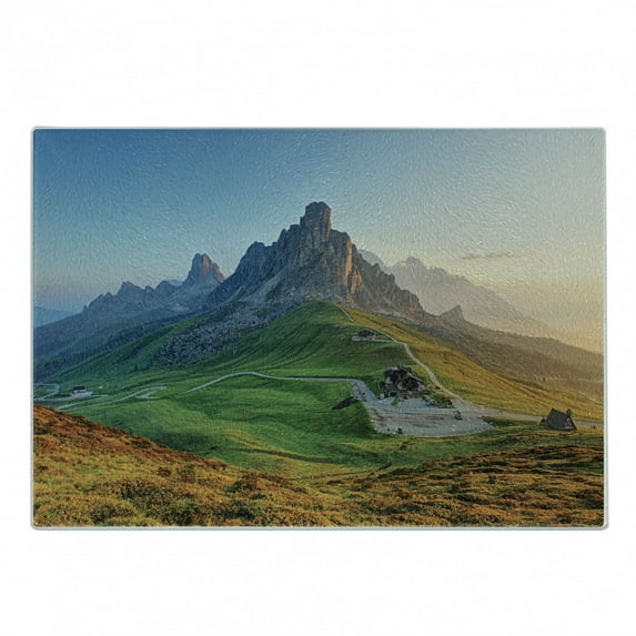 Rustic Cutting Board, Sunrise at Dolomites Mountains Greenland Hillside Houses Natural Life, Decorative Tempered Glass Cutting and Serving Board, Small Size, Fern Green Multicolor, by Ambesonne