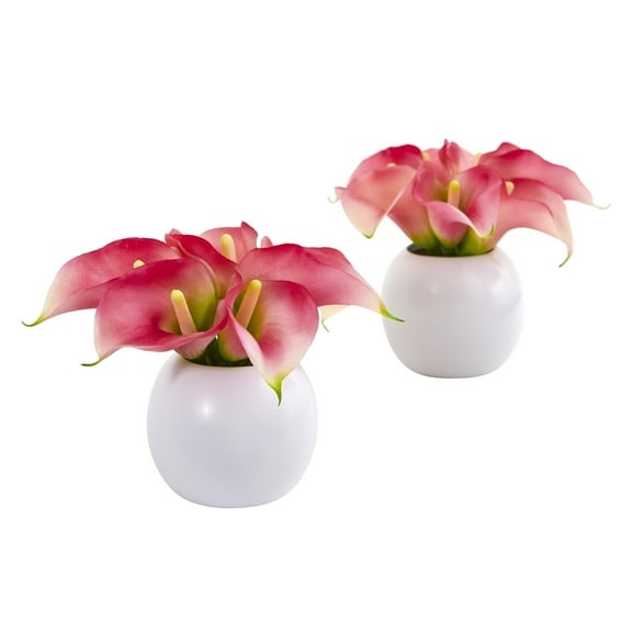 Nearly Natural Calla Lily Artificial Arrangement in White Vase (Set of 2)