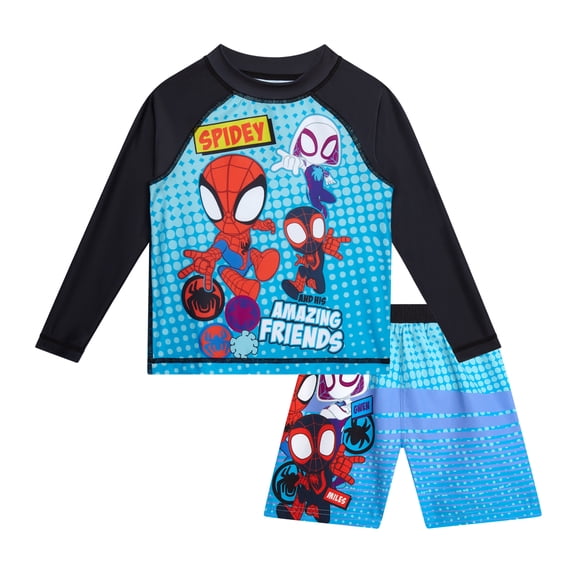 Marvel Boys' Spider-Man Rash Guard Set - UPF 50 2 Piece Swim Shirt and Bathing Suit Trunks (4-12)