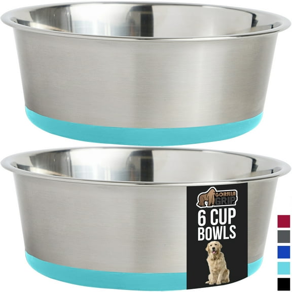 Dog Bowl Set of 2, Heavy Duty Stainless Steel Bowls by GORILLA GRIP, Holds 6 Cups, Turquoise