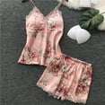 thumbnail image 7 of SCSAlgin 2 Pieces Floral Satin Pajama Set for Women Elegant Lace Trim Flower Print Cami Top and Shorts Nightwear Sleepwear Pjs, 7 of 7