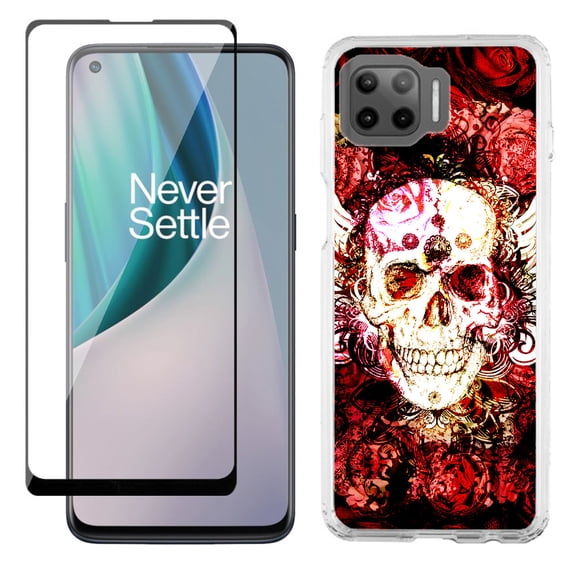 Slim-Fit Protective Phone Case compatible with Motorola Moto One 5G UW, with Tempered Glass Screen Protector, by OneToughShield ® - Rose Skull