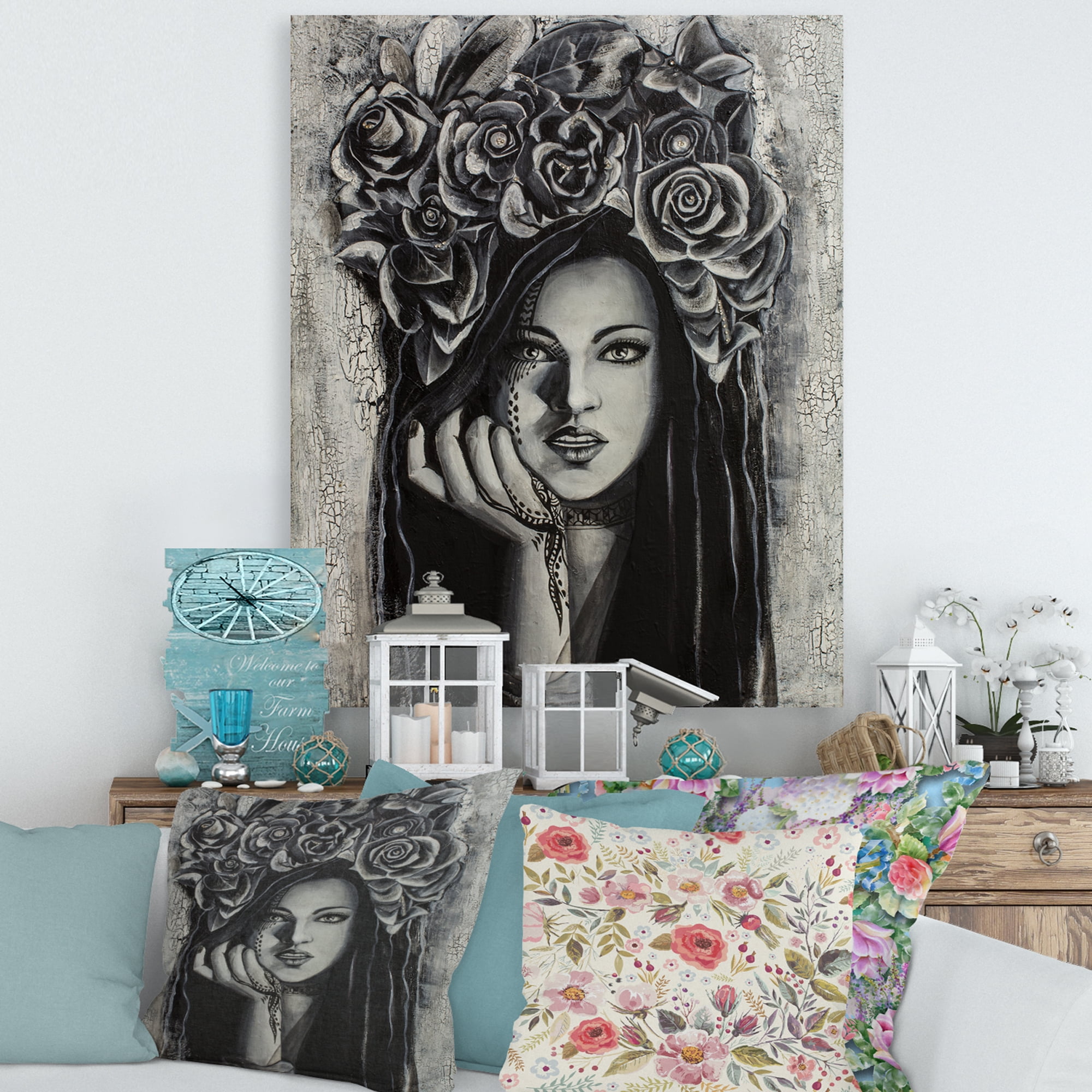Designart ' Portrait Of A Young Woman With Flowers III ' Modern Canvas Wall Art Print