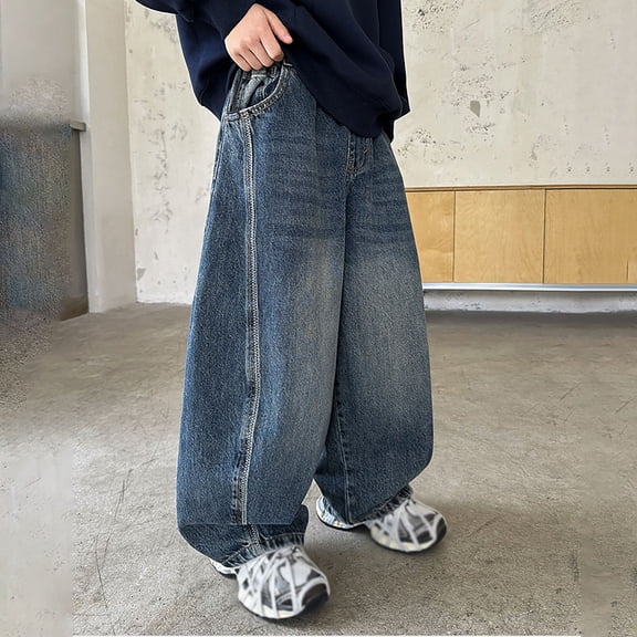 Huowey Teens Cargo Jeans Comfortable Stretch Denim Pants Wide Leg Casual Loose Fit Trousers Fot Big Boys Elastic Waist Drawstring Relaxed Outwear,Blue,7-8 Years