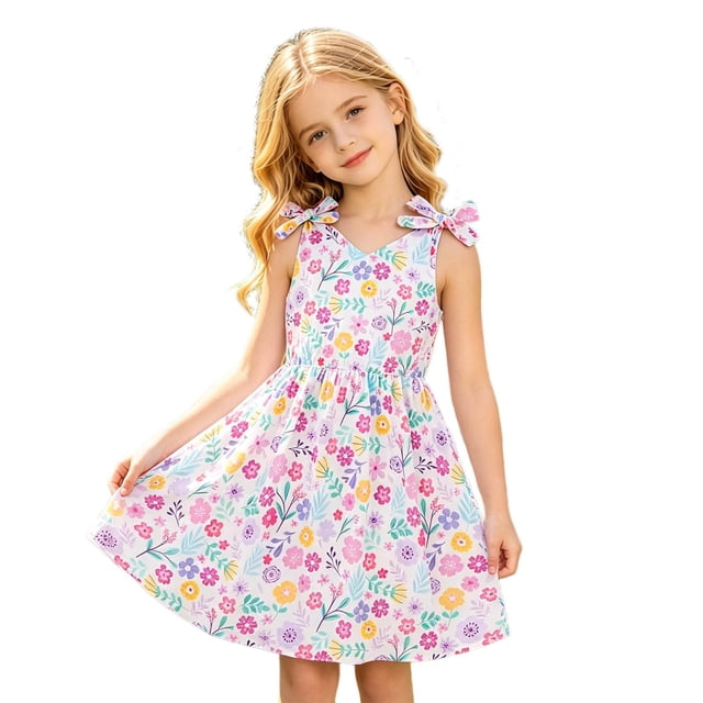 FhsagQ Elegant Floral Print Dress for Little Girls Lightweight Summer Ruffle Strap for Tween (Multicolor Size 9-10 Years)