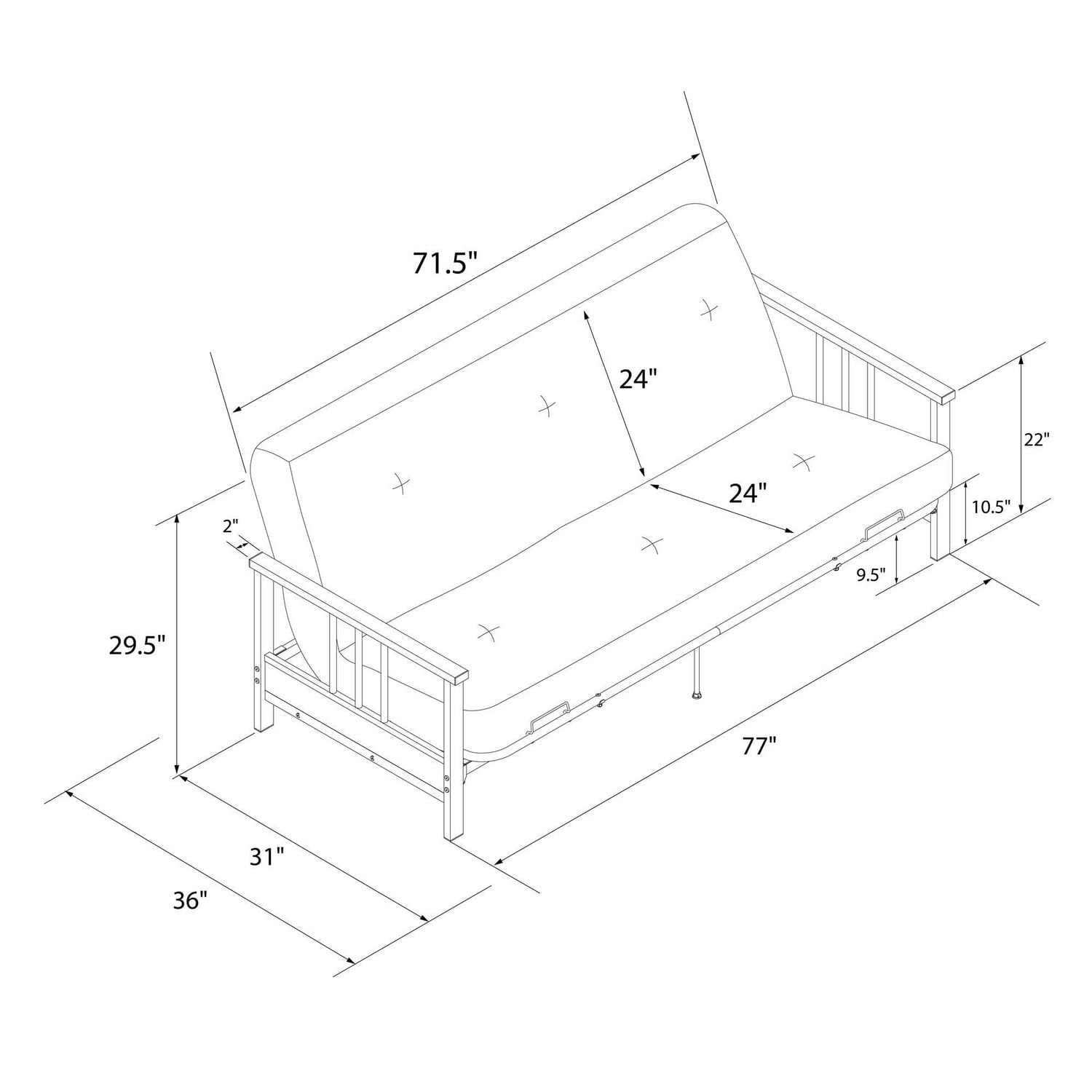 Harlow Full Metal Arm Futon with 6” Thermobonded High Density Polyester Fill Futon Mattress