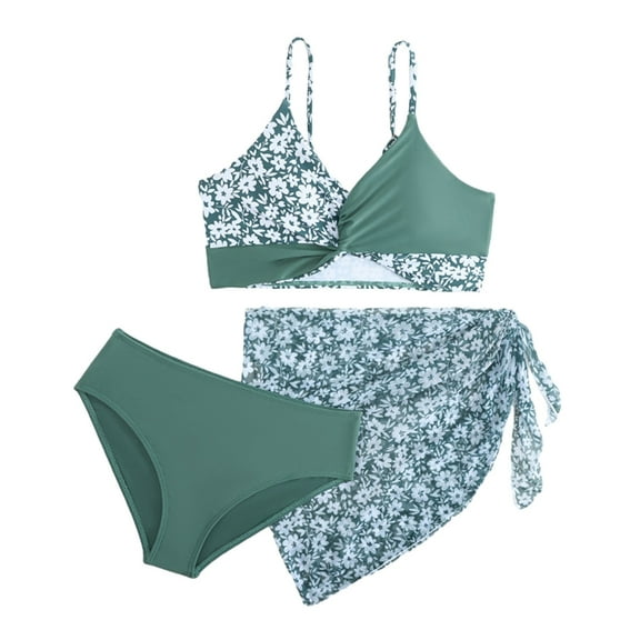 GYRATEDREAM 7-12Y Girls 3 Pieces Swimsuit Flower Print Soild Tie-dye Bikini Set w/Beach Skirt Bathing Suit