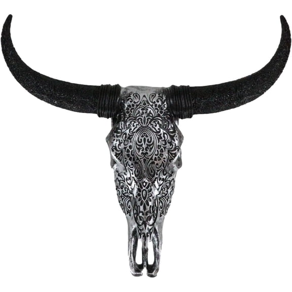 Ebros Gift Silver and Black Tribal Floral Vines Tooled Steer Bison Bull Cow Skull Head with Horns Wall Mount Decor 13" L Artistic Replica Native Animal Bust Skulls Hanging Mounted Plaque Sculpture