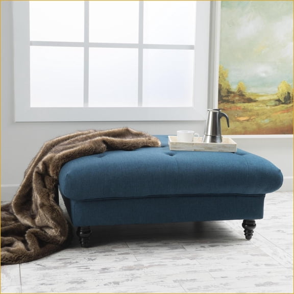 Ottoman, Classic Tufted Cream Fabric, 40.5” Square, Light Assembly for Living Room | Fabric | Foot Stools