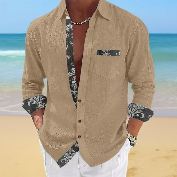Mgmyaa Men's Cotton Linen Top, Stylish Personalized Casual Patchwork Printed Shirt for Men, Men's Button Down Shirts, Men's Clothing