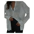 thumbnail image 2 of Women'S Sequins Long Sleeve Collared Shirt Button Down Open Front Shirt Loose Blouses Shirst Tops White XXXL, 2 of 9