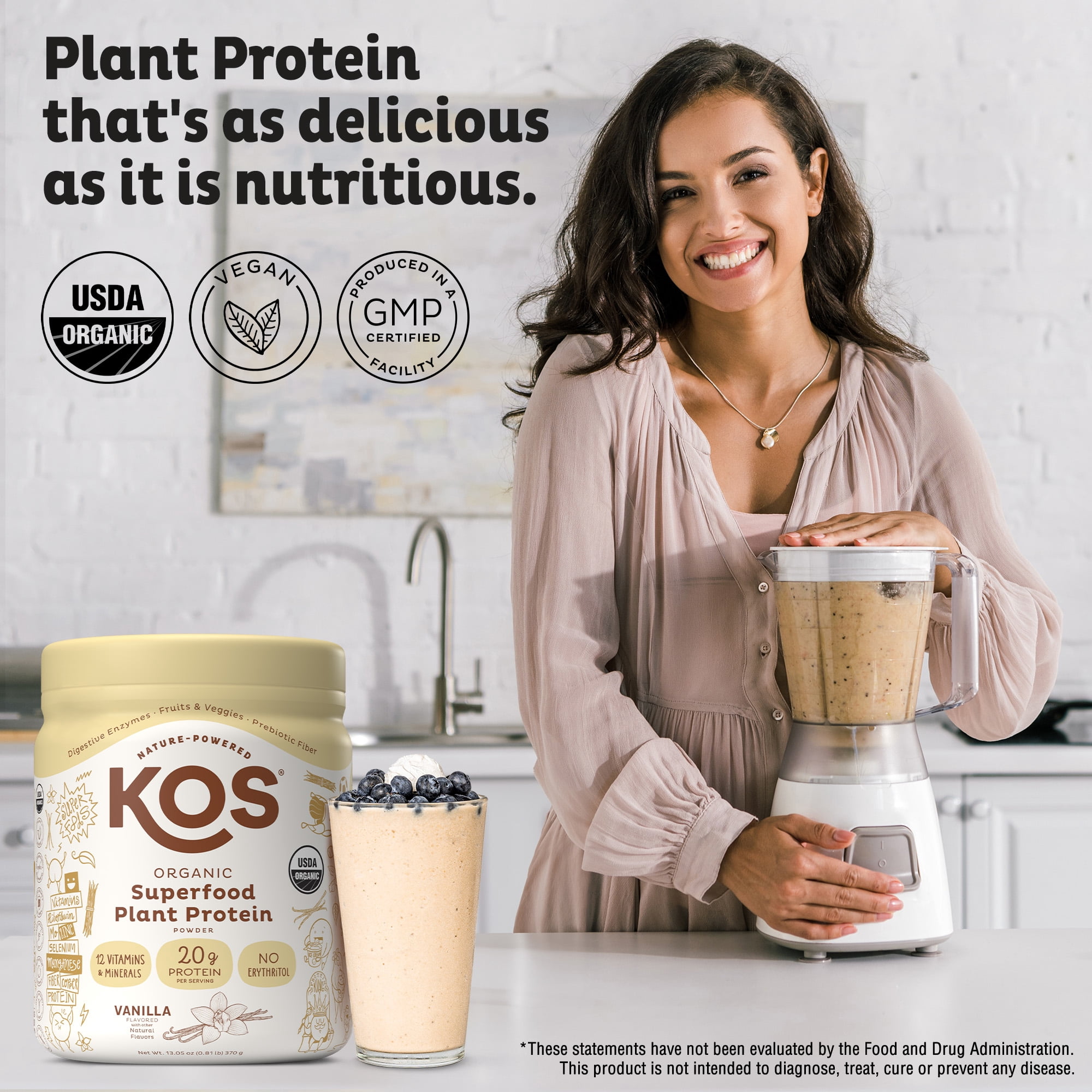 KOS Organic Plant Based Protein Powder, Vanilla, 20g Protein, 10 Servings, 13.05oz