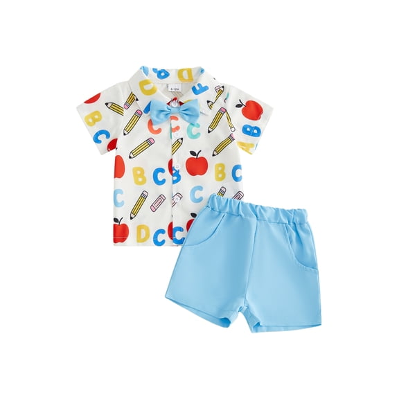 BemeyourBBs Toddler Baby Boys Back to School Outfit Baby Boy Gentlemen First Day of School Outfits Apple Print Short Sleeve Button Down Shirt with Bowtie Shorts Set Baby Kindergarten Summer Outfit