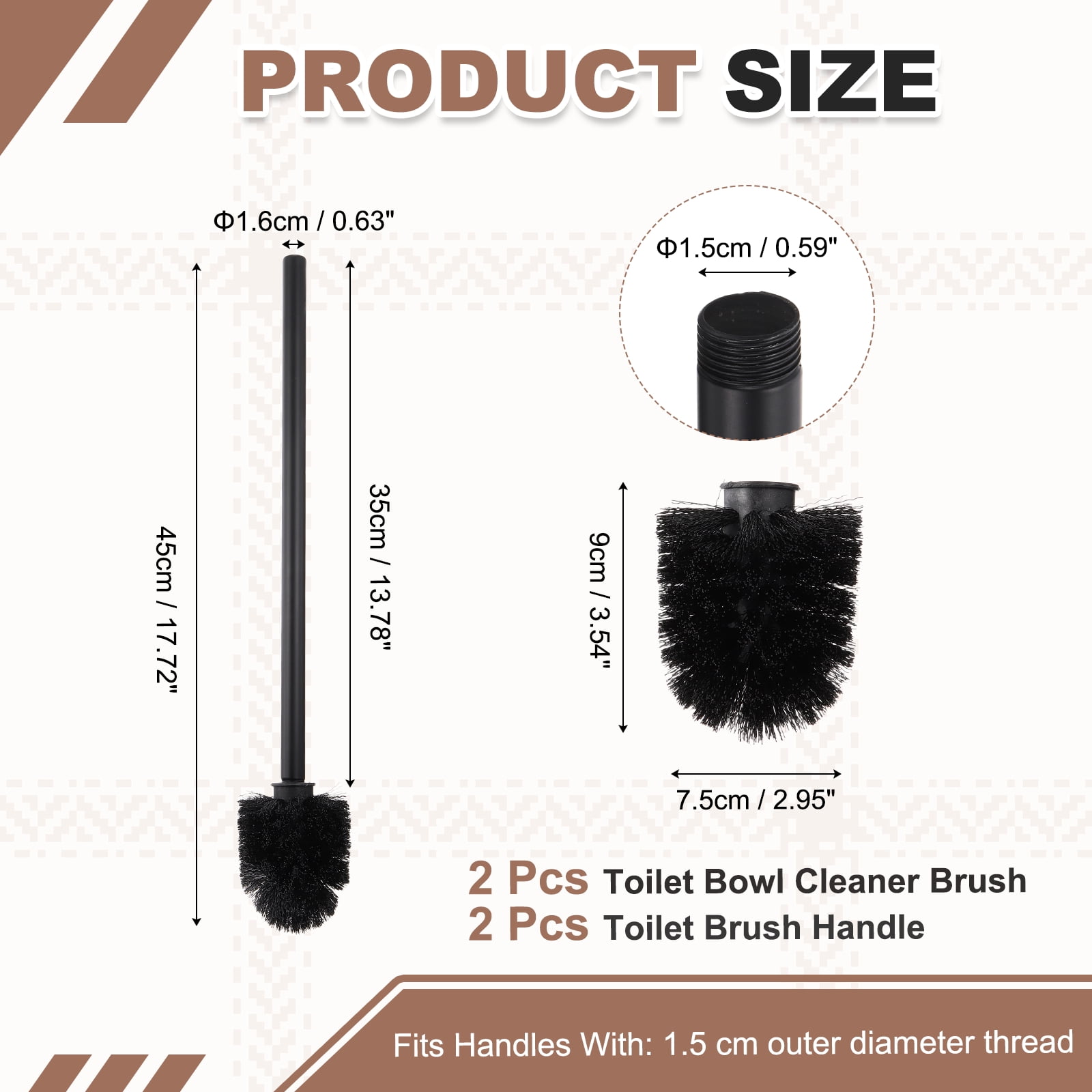 Uxcell 2 Pcs Toilet Brush Set Replacement Head, 13.8 Inch Toilet Brush Refills with Handle, Bathroom Cleaning Tool for Home, Black