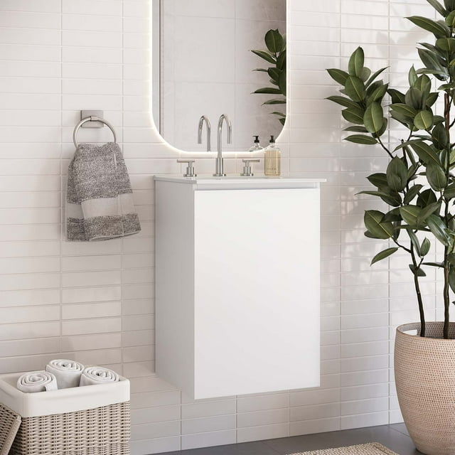 Modway Bryn Coiffeuse de Salle de Bain Murale 18 Pouces en Blanc Blanc