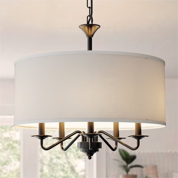 YANSUN 20in 5-Light Black Candle Style Empire Chandelier with White Fabric Shade - Warm Glow Lighting Fixture for Living Room, Bedroom, Foyer E12