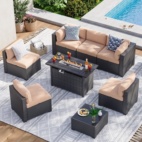 Sunmthink 12 Piece Patio Furniture Set with 44” Fire Pit Table Wicker Rattan Patio Sectional Sofa Set Outdoor Seating Furniture with Thickened Cushion, Beige