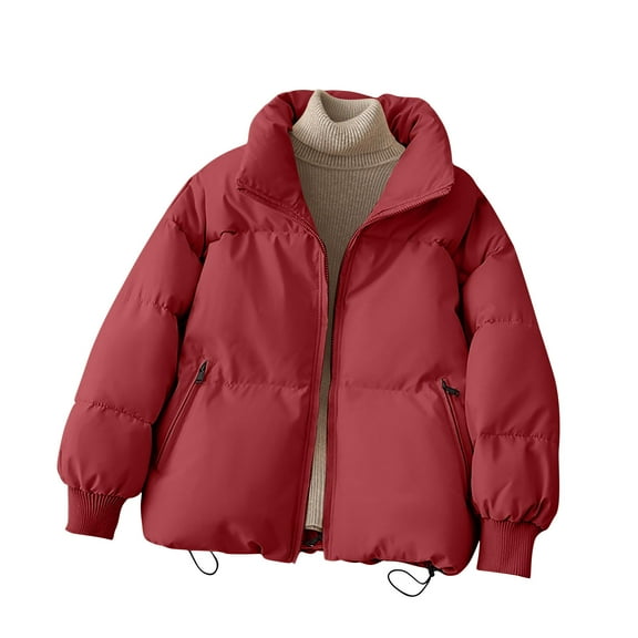 Women's Cold Weather Plus Size Puffer Jacket Casual Thickened Stand Collar Long Sleeve Jacket Packable Puffer Jacket(Red XL)